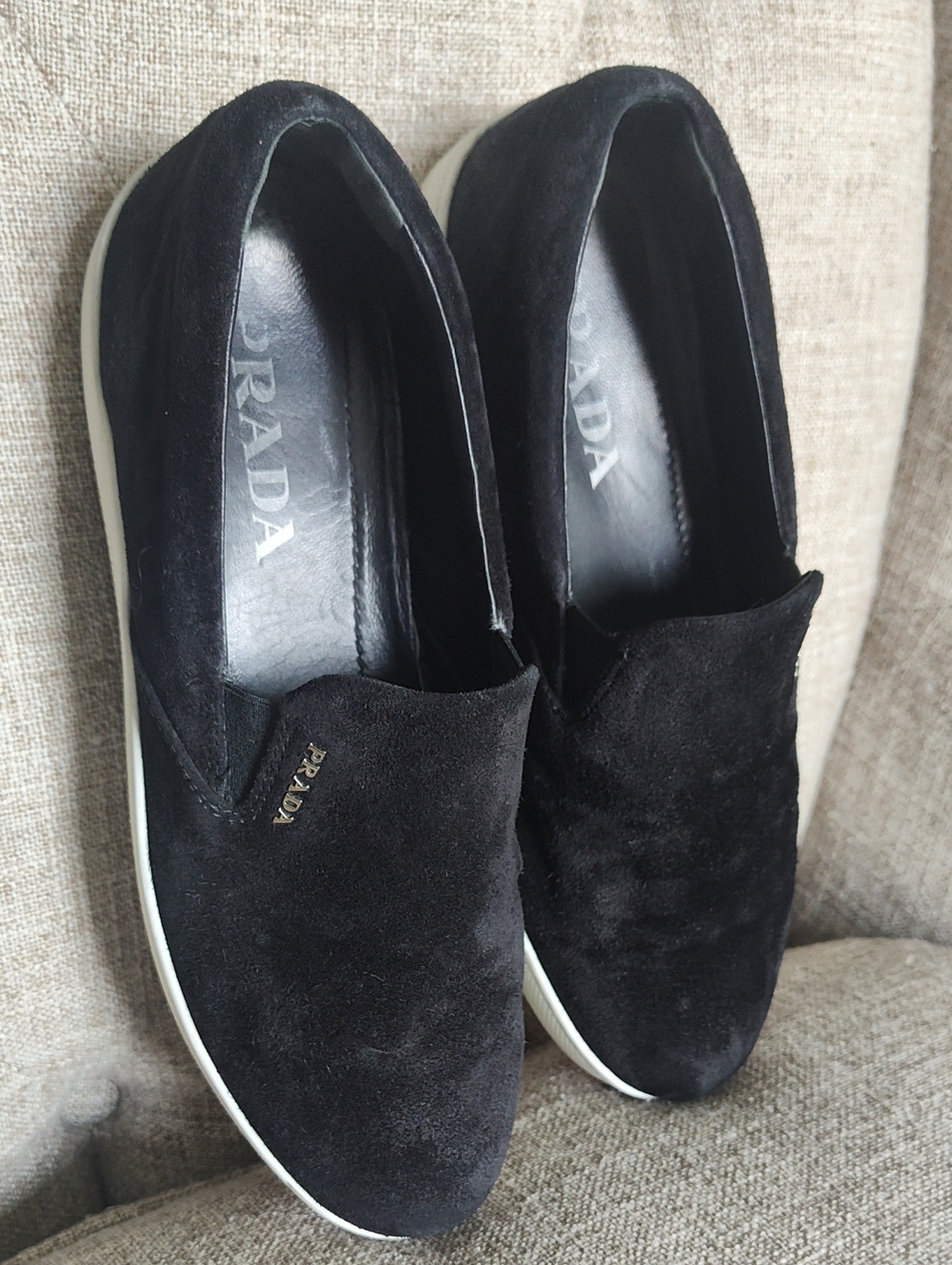 Prada Unisex Black Suede Loafers With Silver Detail